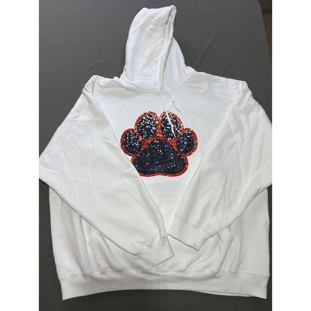 Gildan Heavy Blend White Paw Print Hoodie Sweatshirt 2XL Navy Orange